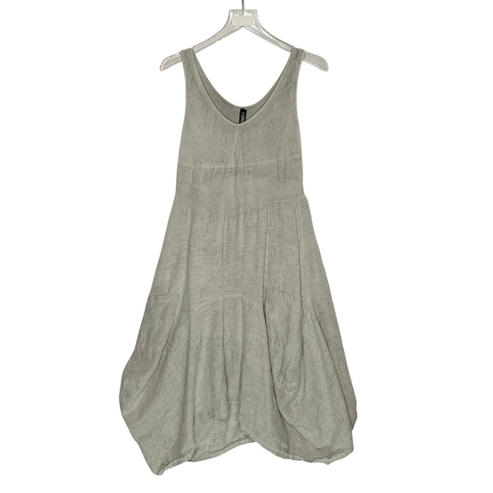 Inizio Italian Linen Balloon Hem Dress L Natural Tan Lagenlook Artsy Boho
